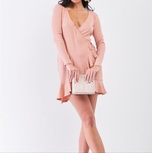 𝅺TAN Blush Ribbed Deep Plunge V-neck Asymmetrical Wrap Flare Hem Dress